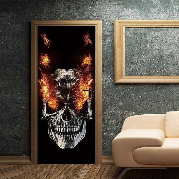 3D Halloween Fire Skull Door Stickers, 30 x 80 inch Realistic Horrible Fire Skull Door Sticker Wallpaper for Halloween Decoration, Party Decors, Home