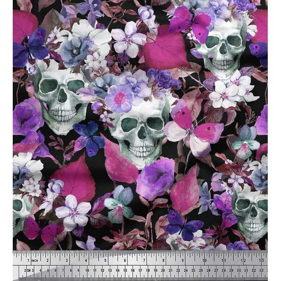 Soimoi Pink Rayon Fabric Skull & Anemone Flower Printed Craft Fabric by The Yard 42 Inch Wide