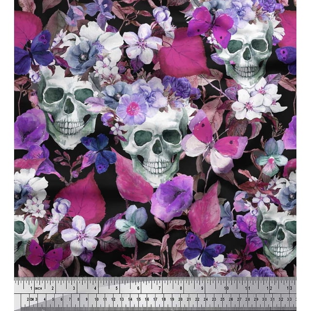 Soimoi Pink Crepe Silk Fabric Skull & Anemone Flower Printed Fabric 1 Yard 42 Inch Wide