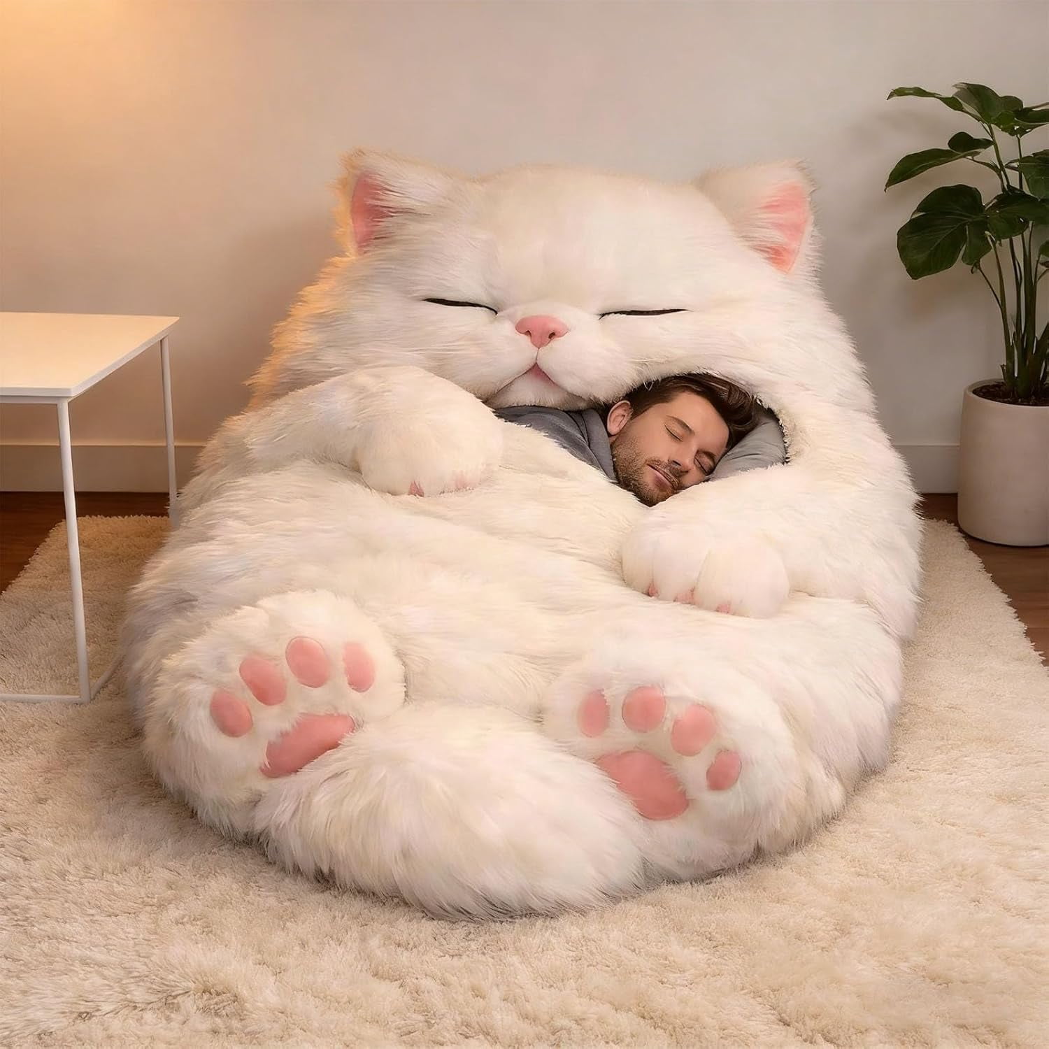 Fluffy Cat Sleeping Bag for Adults,Plush Cat Shaped Sleeping Bag for Adults,Adorable Cats Envelope Sleeping Bags,Washable Warm Blanket for Camping and Home Lounging,68.9x31.5 Inch,C