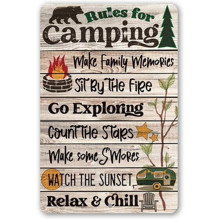 Metal Sign - Rules for Camping - Durable Metal Sign - Use Indoor/Outdoor - Makes Funny Trailer, RV, and Camp Decor Under $25 (12" x 18")