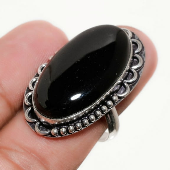 Black Onyx Oval Shape Gemstone Ring Handmade Antique Design Jewelry 9" FR 645