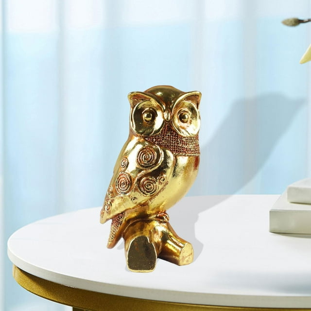 Estatua de búho dorado, colección de figuras de búhos, adorable adorno único, pequeña escultura de animal para dormitorio, chimenea, estante o repisa.