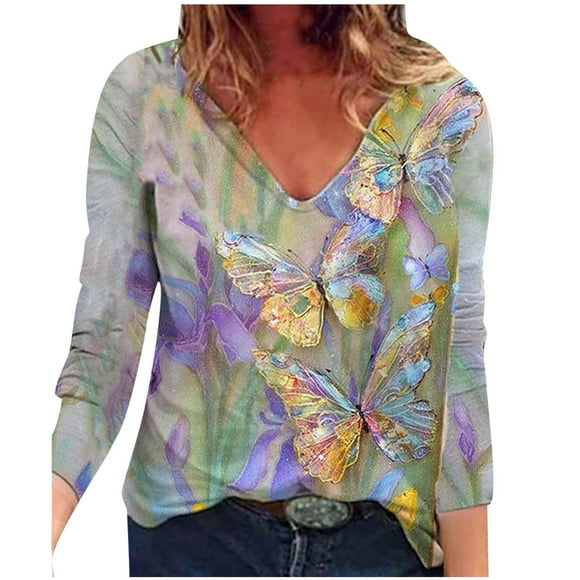 PVCS Women's Tops V-Neck Printing Long Sleeve Casual Loose Blouse T-shirt Tops