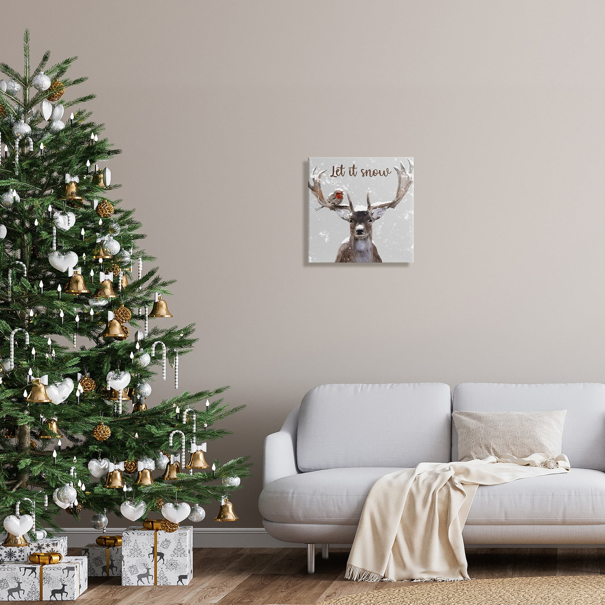 Let It Snow Winter Bird Perched Deer Antlers Animals & Insects Graphic Art Gallery-Wrapped Canvas Print Wall Art
