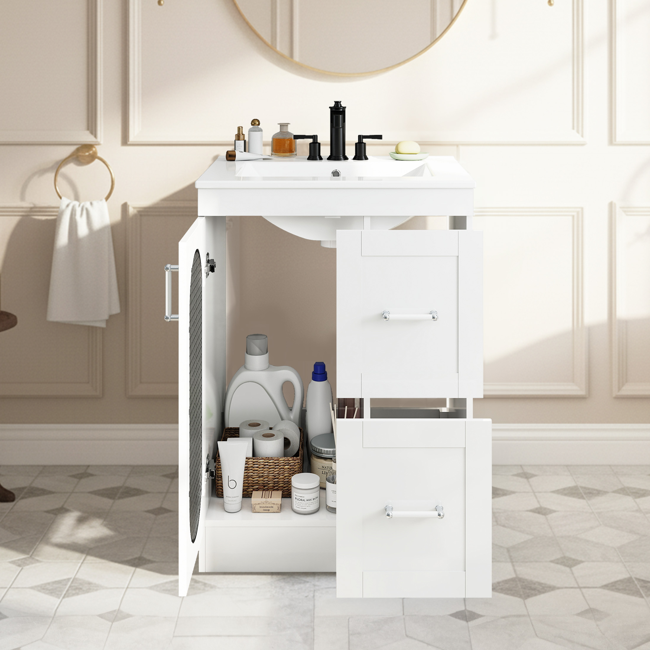 EDX 24-inch Bathroom Vanity Cabinet, Freestanding Modern Cabinet Vanity with Sink, 1 Soft-Closing Doors & 2 Drawers,White