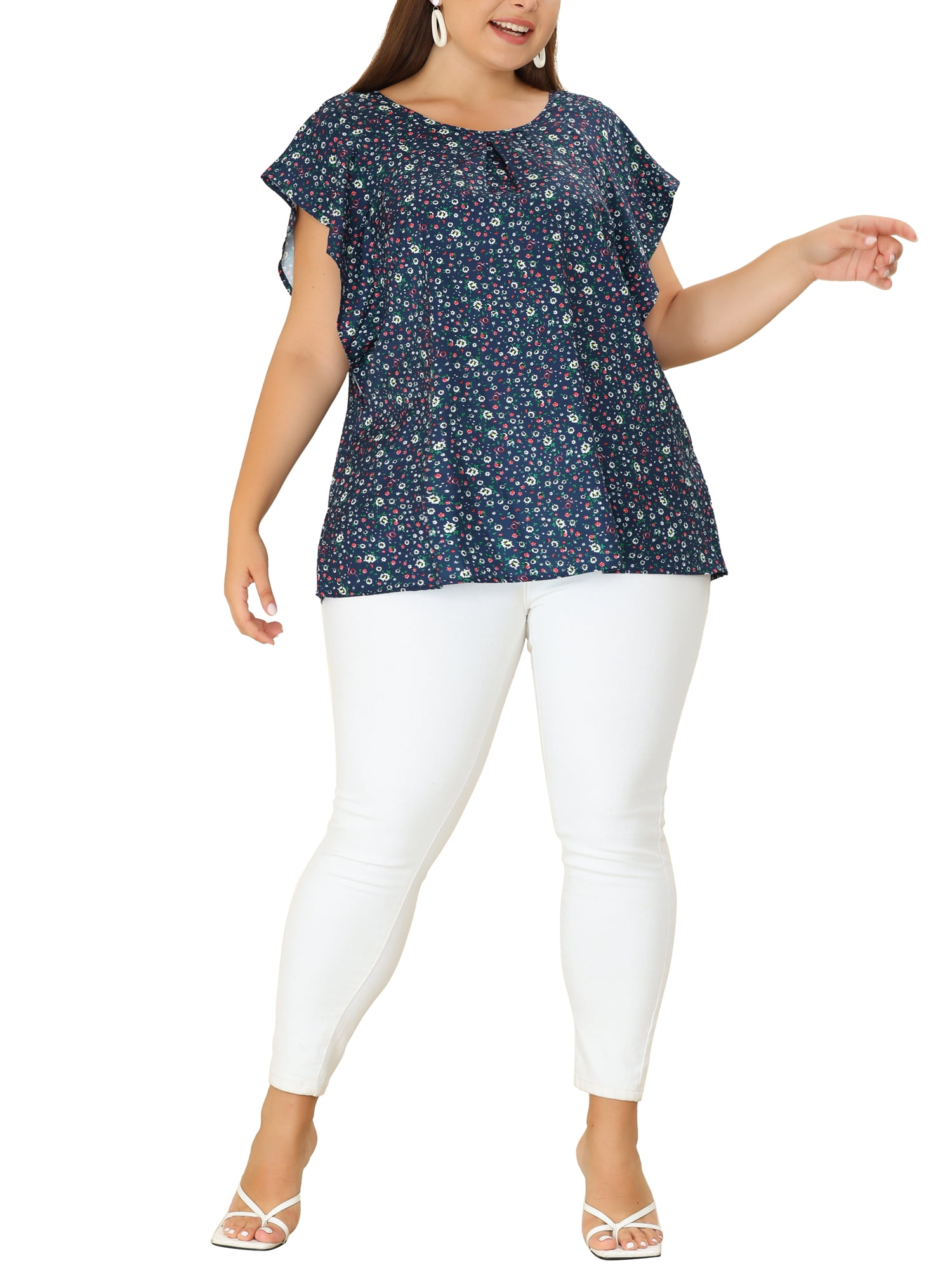 Unique Bargains Women's Plus Size Outfits Flare Short Sleeve Polka Dots Chiffon Blouse
