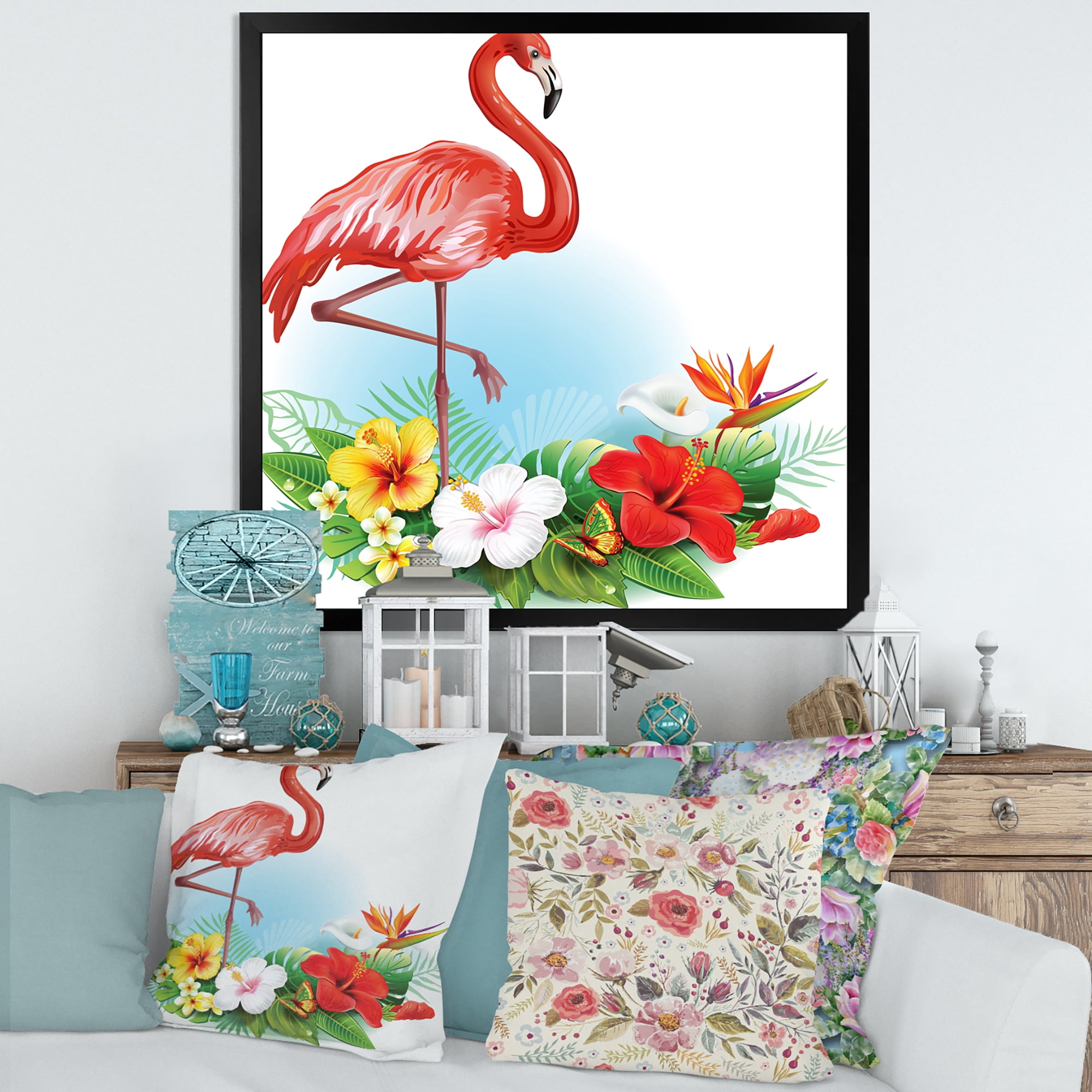 Designart 'Arrangement with Flamingo and Tropical Flowers' Traditional Framed Art Print