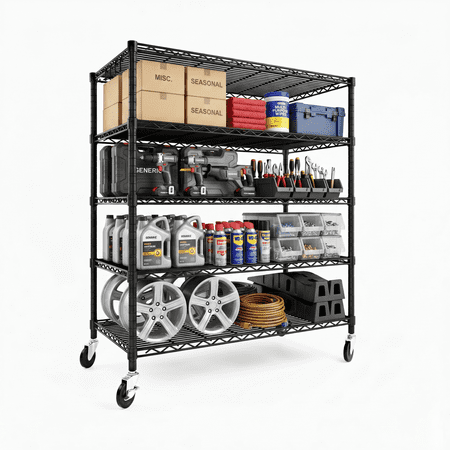 PrimeZone 5-Tier Wire Storage Shelves with Wheels, Adjustable Metal Shelf Rack Unit Organizer, Heavy Duty Wire Shelf for Garage Warehouse Office Restaurant Kitchen, 48"W x 24.2"D x 81"H, Black