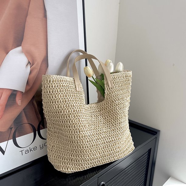 Bolsos de axila para mujer, bolso informal de paja para axilas, bolso de playa sólido tejido de gran capacidad
