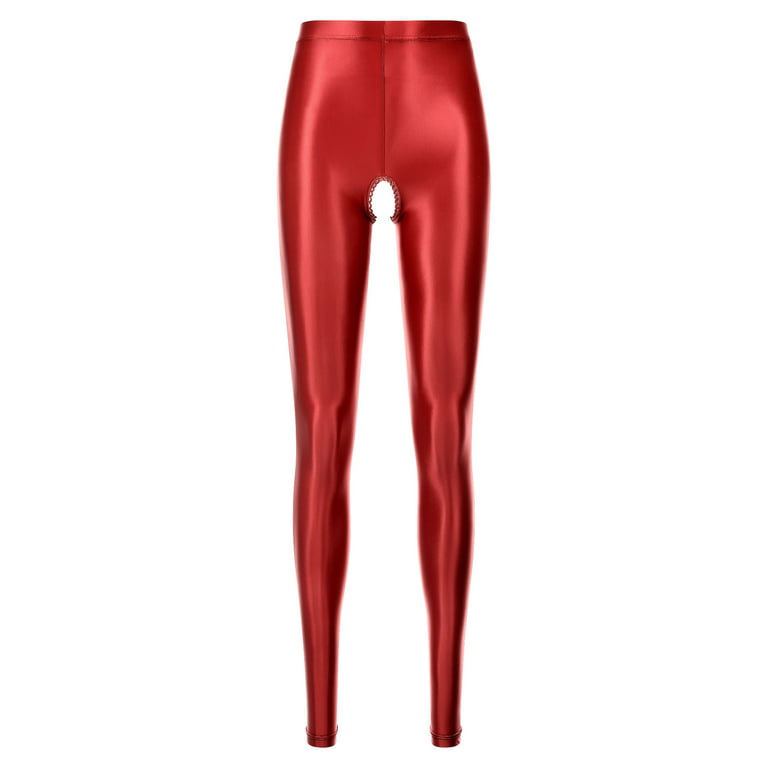 Yeahdor Womens Glossy Pantyhose Shiny High Waisted Open Crotch Tights  Leggings Red L 
