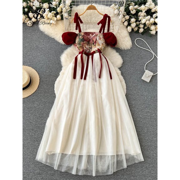 Embroidered Retro Print Camis Dress Women French Style Lace-up Design 2023 Summer Steetwear Mesh Long Party Dress