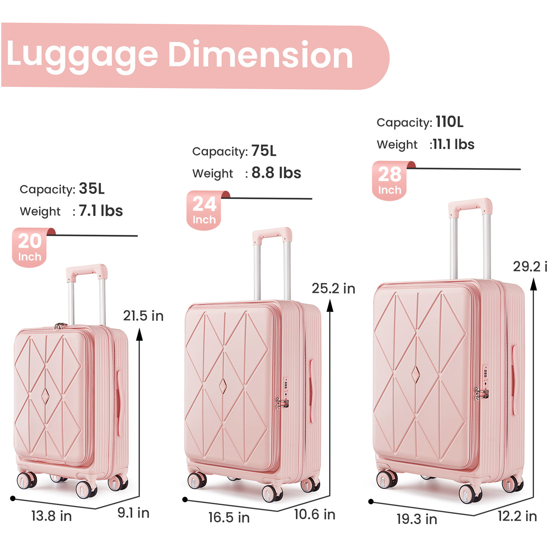 JERFIT 3-Piece Pink Expandable Hard Shell Luggage Set with TSA Lock, Spinner Wheels & Front Pocket, 20/24/28 Inch Lightweight Suitcases