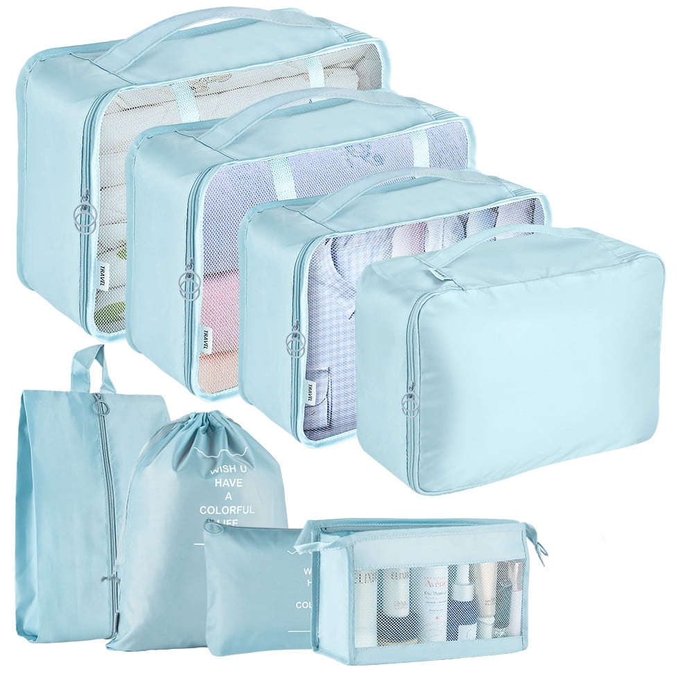 Koovon Packing Cubes for Travel, 8Pcs Travel Cubes Set Foldable Suitcase Organizer Lightweight Luggage Storage Bag, Blue