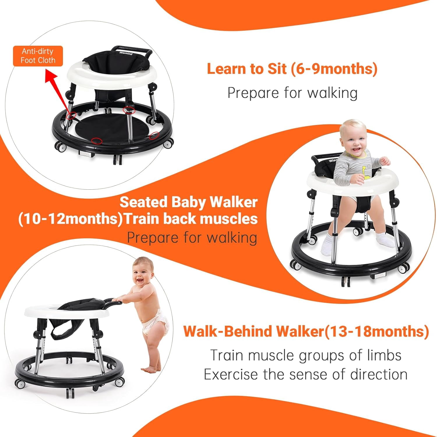 Baby Walker, Portable/Foldable/9 Adjustable Heights/With Wheels/Anti-Rolling, For Babies 6-12 Months,Black