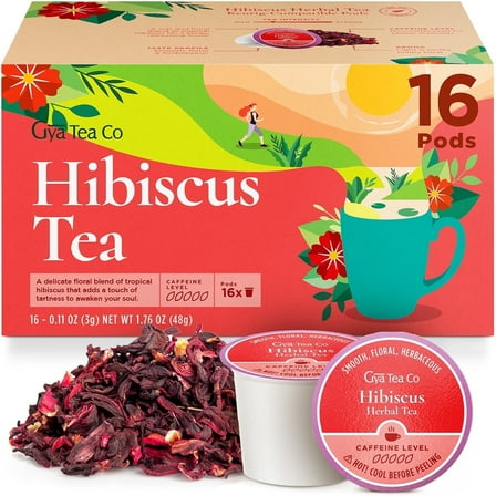Gya Tea Co Hibiscus Herbal Tea K-Cup (16 ct) - Manually Harvested and Caffeine-Free Tea Pods for Keurig, Delivers Joy and Delight with Every Tart Sip