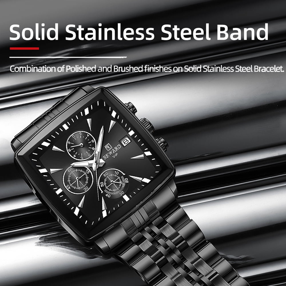 Square Watches for Men Black Stainless Steel Chronograph Fashion Business Watch Luminous Waterproof Casual Wrist Watches