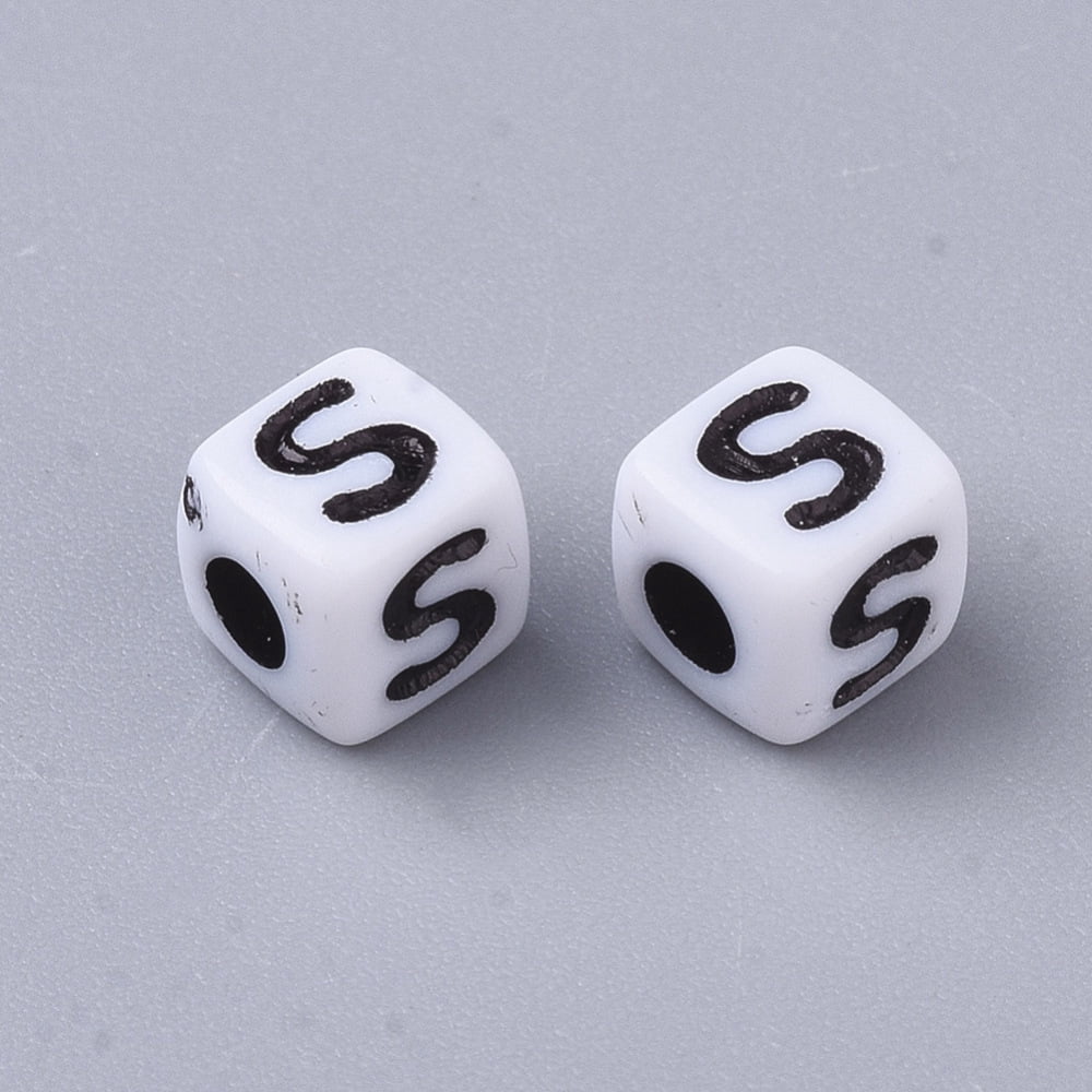 500gs White Opaque Acrylic Beads Horizontal Hole Cube with Black Alphabet Letter.S 4~5x4~5x4~5mm Hole: 1.8mm about 6470~6500pcs/500g