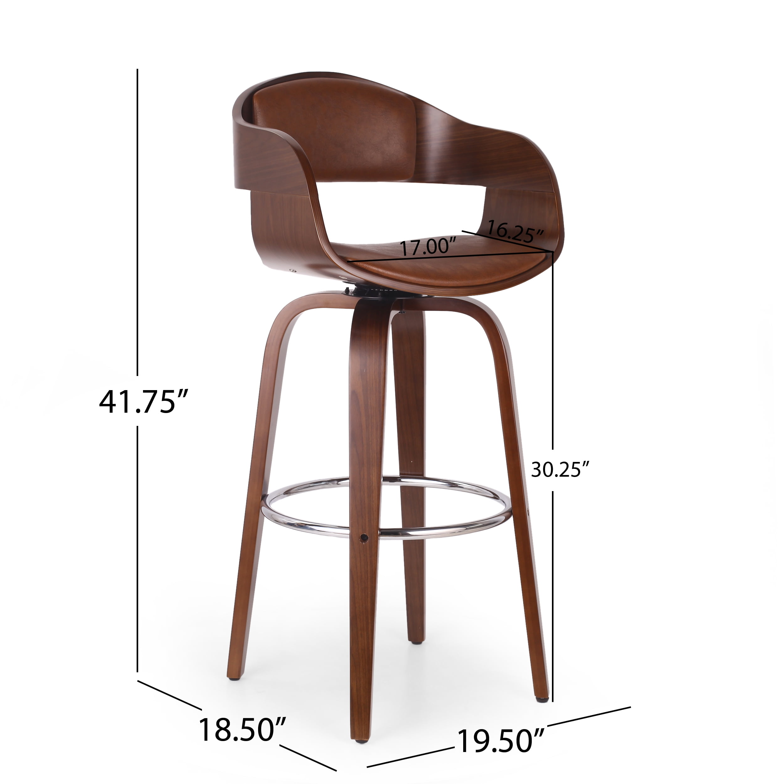 Noble House Lovejoy Upholstered Swivel Barstool, Cognac Brown and Walnut