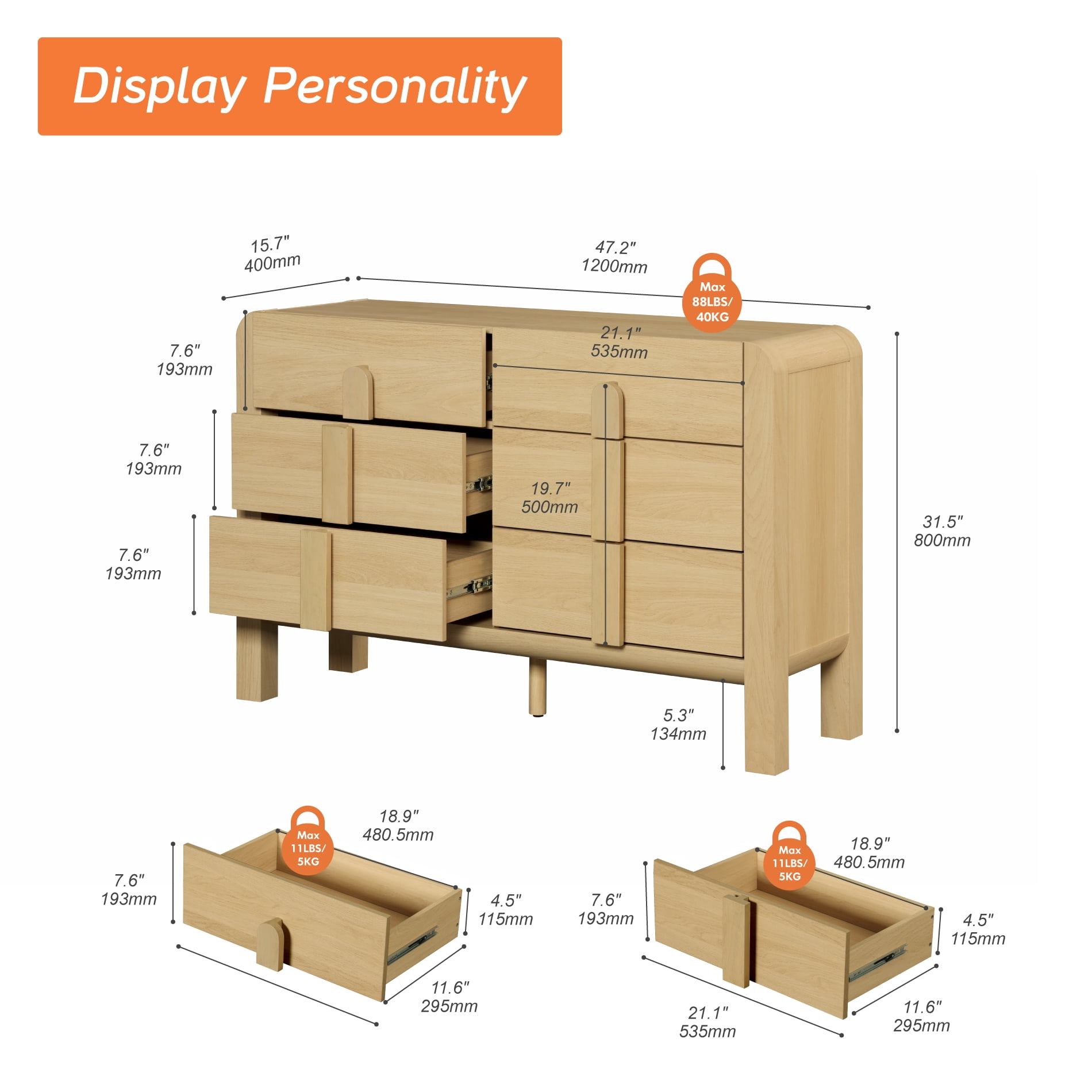 Mid Century 6 Drawer Dresser for Bedroom, Wide Modern Chest of Drawers with Curved Profile Design, Wood Closet Clothes Storage Organizer for Bedroom, Living Room