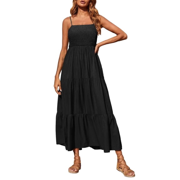SDNall Boho Dresses for Women 2024 Maxi Dresses Bohemian Spaghetti Strap Smocked Tiered Long Beach Sun Dresses Sleeveless Solid Maxi Dresses (Black, Sizes S-XXL)