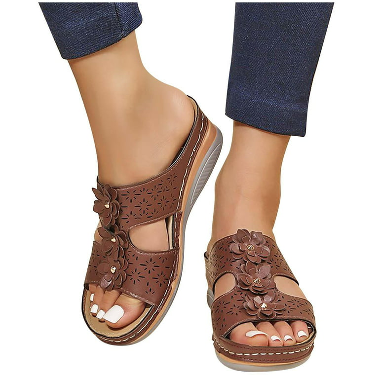 Cethrio Womens Summer Comfort Flats Sandals- Slides Sandal Open Toe Footbed  Wide Width on Clearance Brown Dressy Sandals/ Slides Size 7