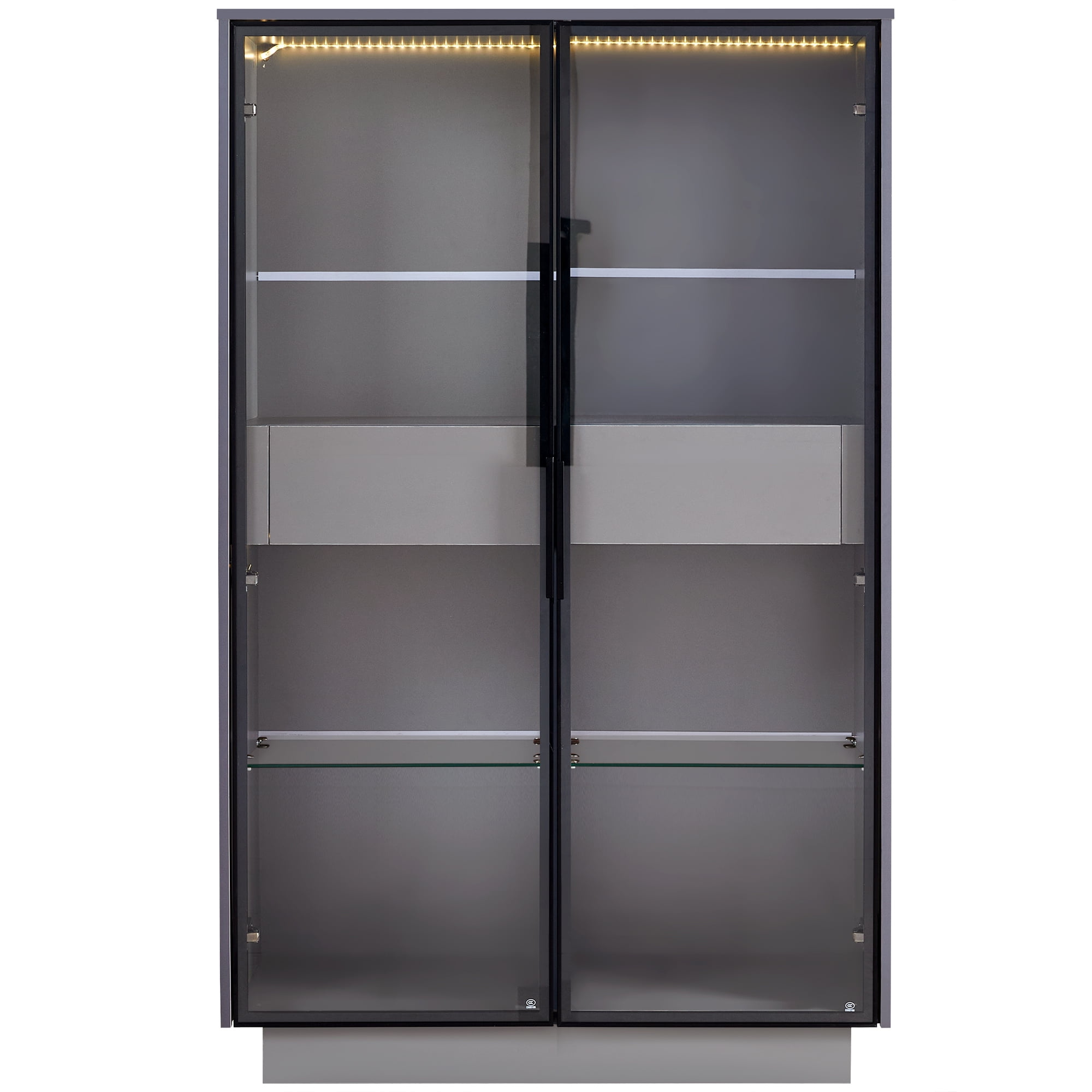 Euroco Modern Narrow LED Glass Display Cabinet with 2 Adjustable Shelves and Storage Drawers, Tempered Glass Doors, 21.6” Wide Showcase