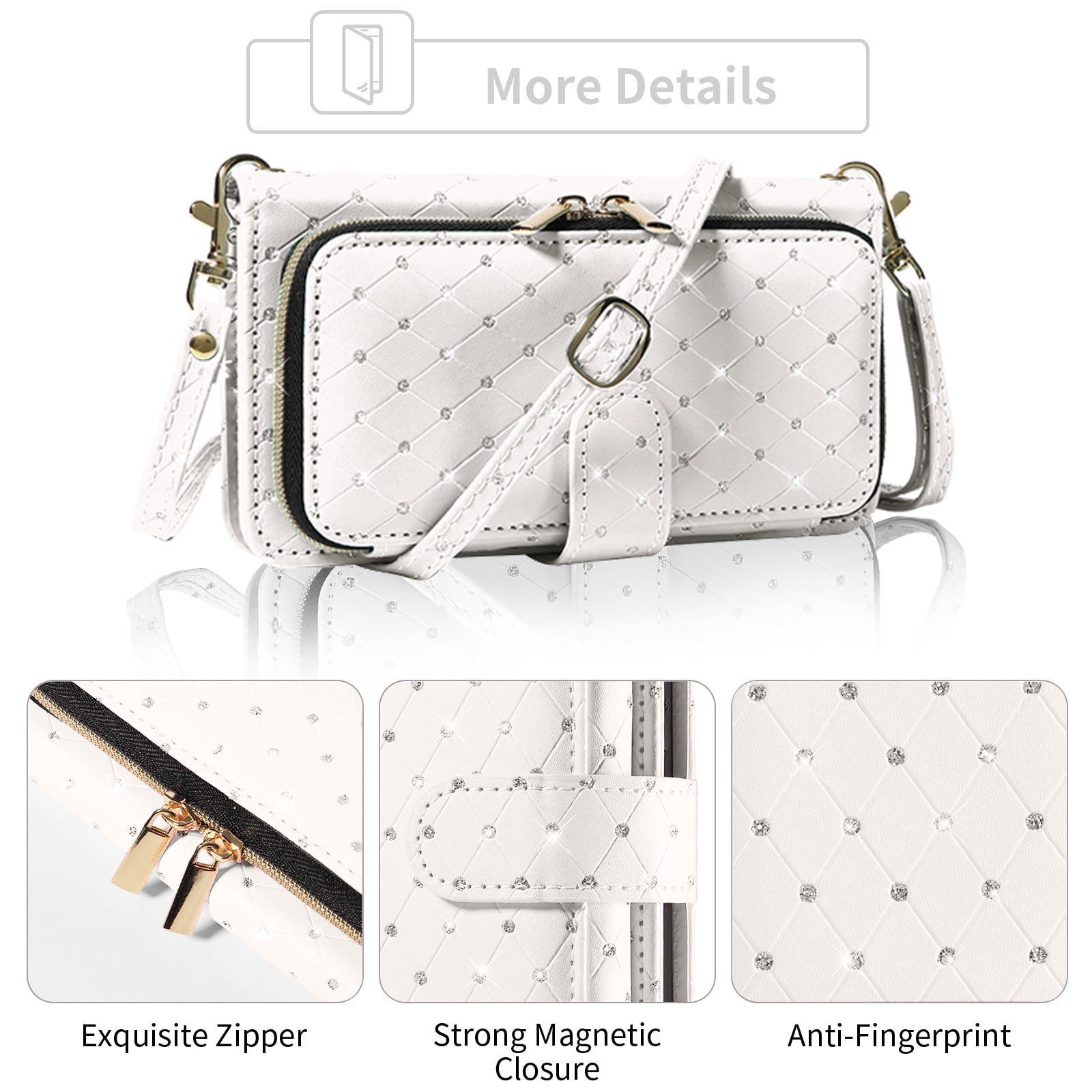 Compatible with iPhone 16 Pro Max 6.9 inch Wallet Phone Case Tempered Glass Screen Protector Bling Glitter Crossbody Lanyard Strap Flip Zipper Purse Card Holder Cell Cover for iP 16 i16PM Women White