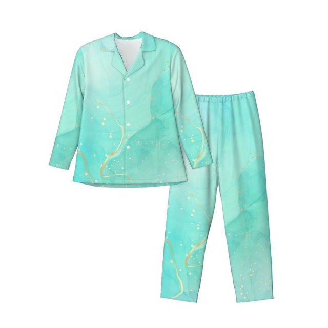 Fotbe Cyan Mint Marble Pijama de Hombre con Estampado de Manga Larga, Conjunto de 2 Piezas, Ropa de Dormir Suave y Cómoda con Bolsillos-Large