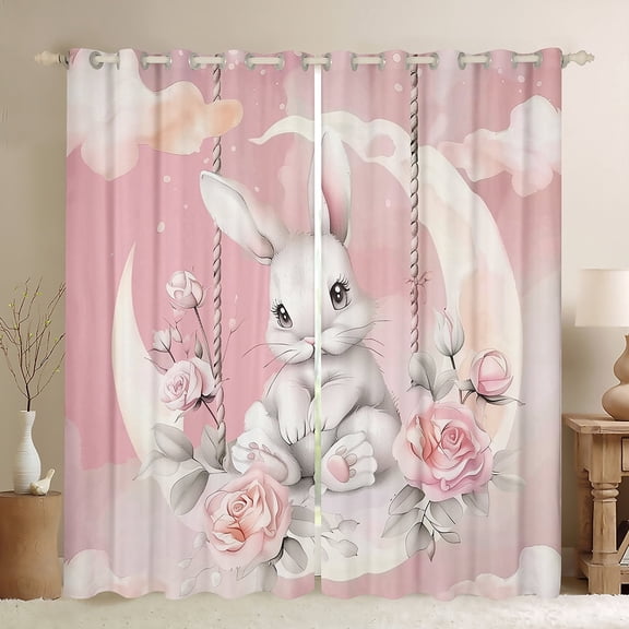 Feelyou White Rabbit Bunnies Black Out Curtains, Romantic Pink Rose Curtains Pack of 2 (42x63 Each), Dreamy Moon Bedroom Curtains, Curtains and Drapes Room Decor