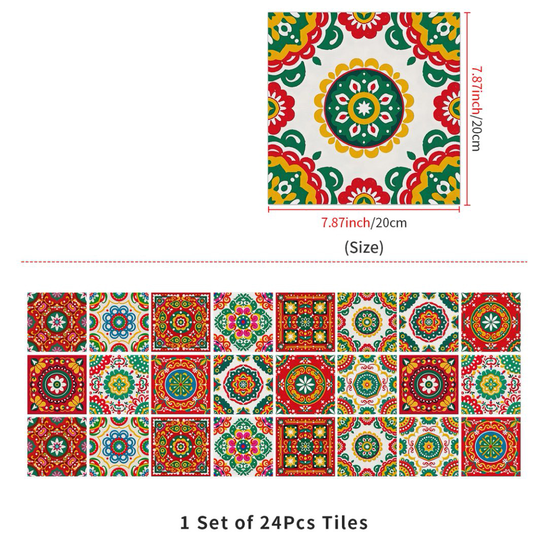 24 Piece Self Adhesive Tiles Stickers Kitchen Backsplash 8" x 8" Red Green Flowers Pattern Wall Decals DIY Peel and Stick Waterproof Tile