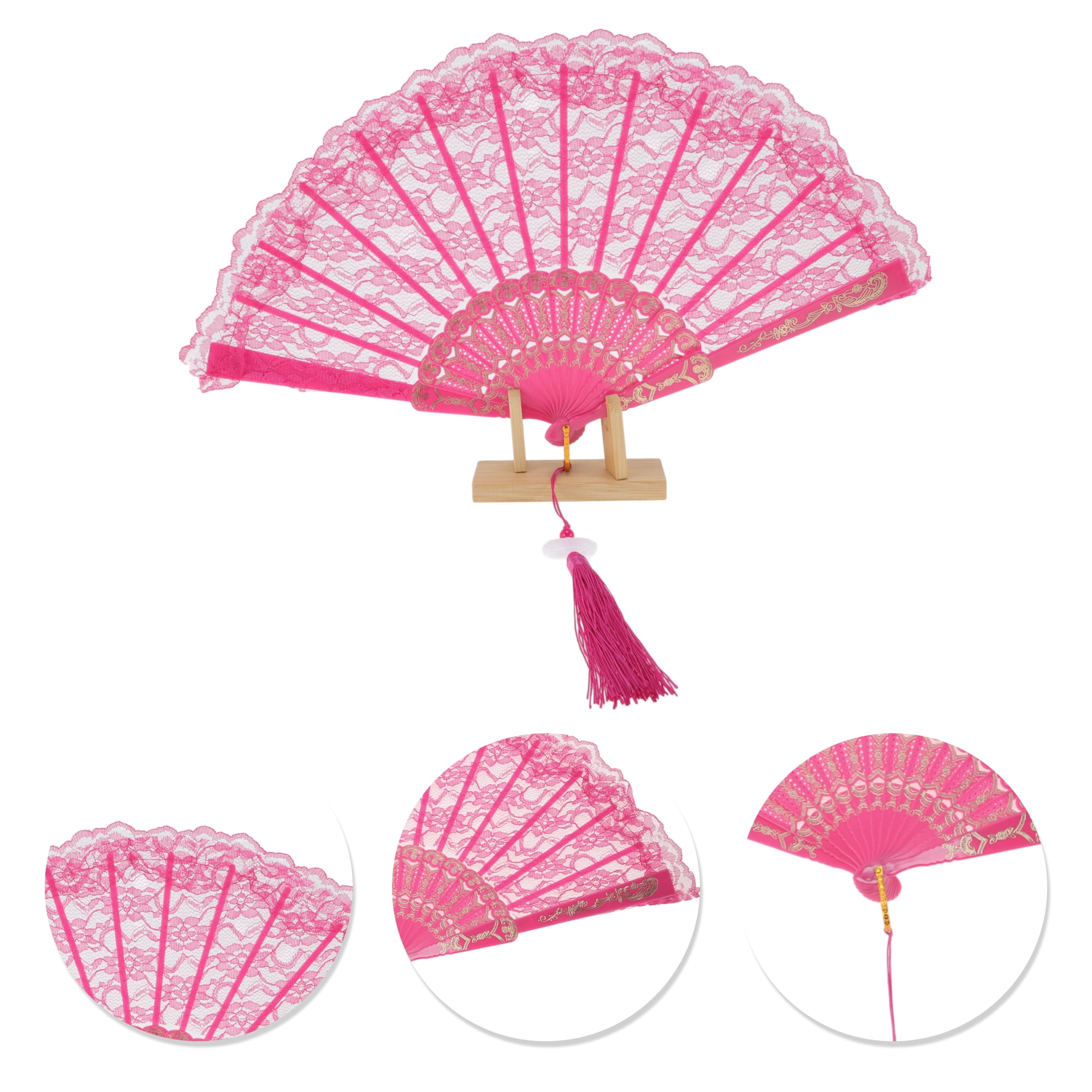 Unique Bargains Lace Trim Orchid with Tassel Folding Fan 1 Pc Rose Red