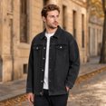 thumbnail image 2 of Fengqque Men's Long Sleeve Vintage Washed Denim Jacket, Lapel Collar Button Down Loose Fit Coat with Chest Pocket Black 2XL, 2 of 5