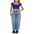 thumbnail image 2 of Women‘s Short Sleeve V Neck Crop Tops with Lace Trim  Ruched T-Shirts, 2 of 9