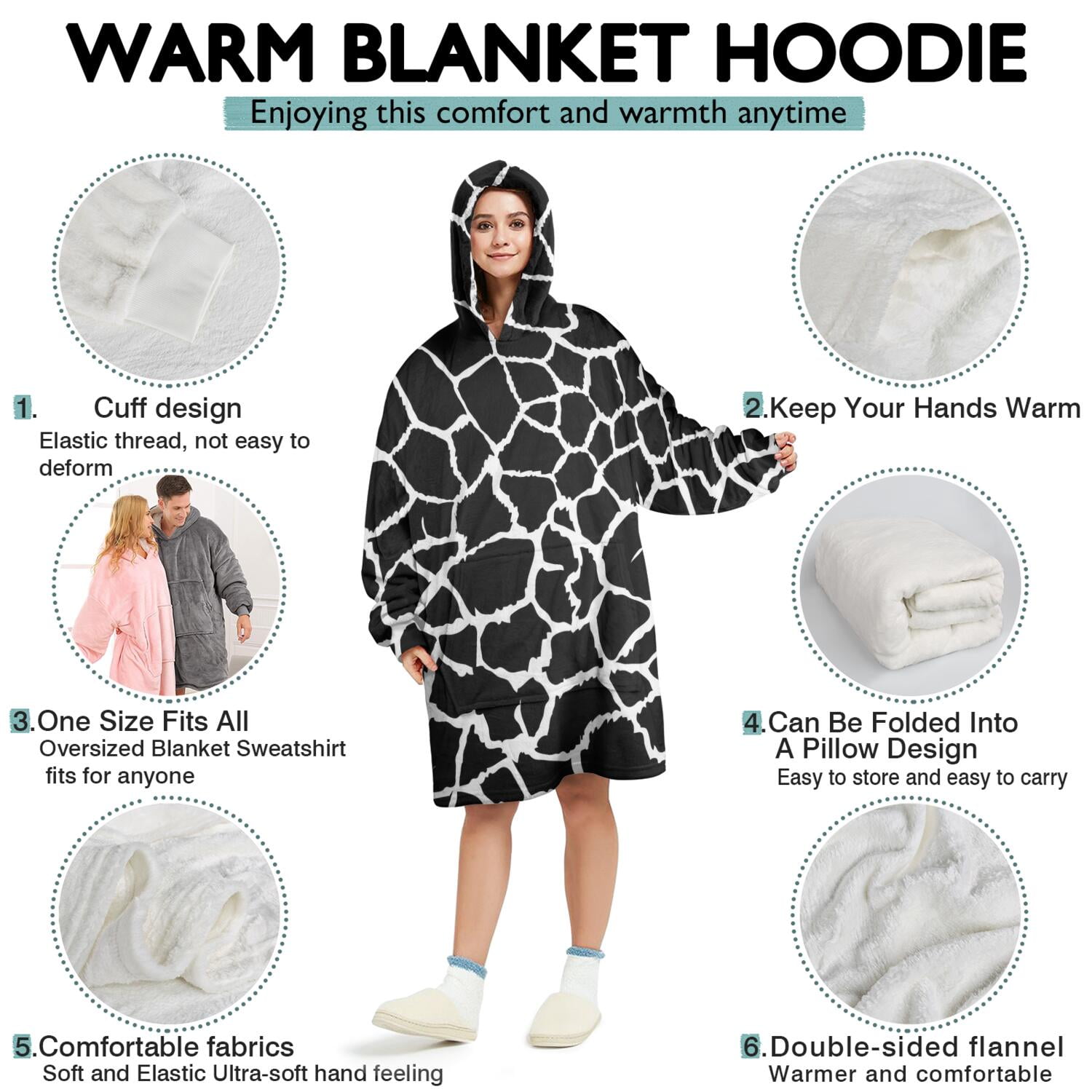 Black and White Giraffe Pattern Wearable Oversized Blanket,Wearable Blanket Hoodie for Adults,Cozy Hooded Blankets with Super Pockets,Super Warm Fuzzy Pullover for Women & Men