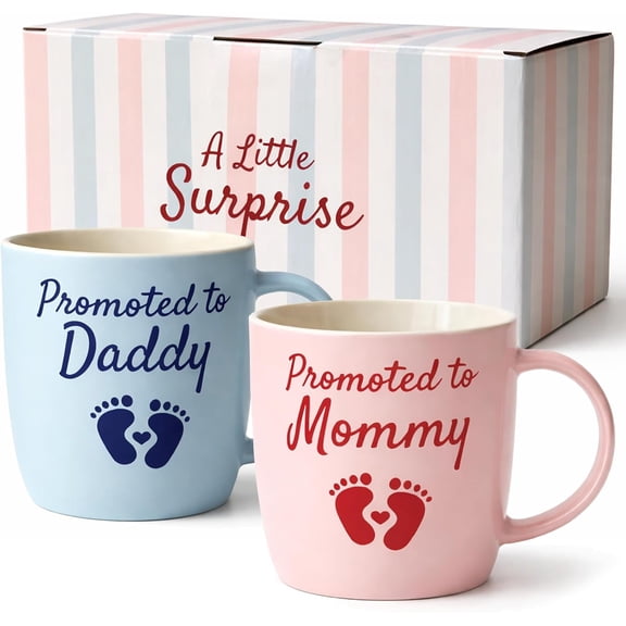 Triple Gifffted Promoted to Mommy and Daddy Coffee Mugs Set, Pregnancy Announcement Gifts for New Parents, Baby Reveal, Baby Shower, First Time Mom Dad Gift, Christmas Day Surprise, 13oz Ceramic