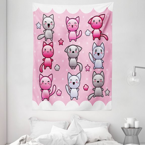 Anime Tapestry, For Kids Cute Kitty Doodles with Emotions Funny Animal Theme Japanese Art Print, Wall Hanging for Bedroom Living Room Dorm Decor, 60W X 80L Inches, Pink Blue Purple, by Ambesonne