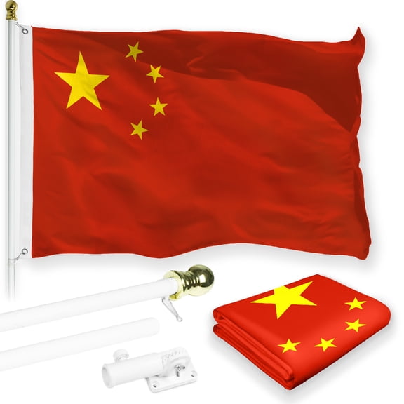 G128 Combo Pack: 6 Feet Tangle Free Spinning Flagpole (White) China Chinese Flag 3x5 ft Printed 150D Brass Grommets (Flag Included) Aluminum Flag Pole
