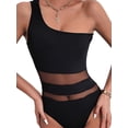thumbnail image 6 of Biekopu Women´s Summer Short Black Mesh Sheer Spliced Bodysuits Sleeveless One-Shoulder Straps Skinny Leotard Tops, 6 of 7