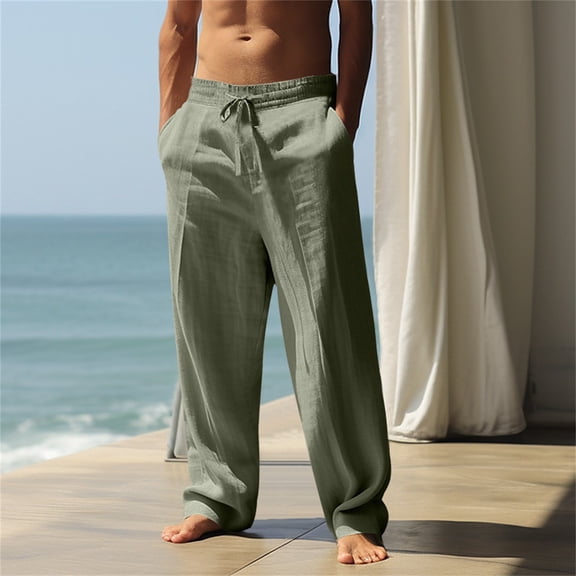 Dwellite Mens Casual Linen Pants Cotton Lightweight Loose Fit Drawstring Elastic Waist Pockets Straight Legs Summer Beach Yoga Army Green 3XL