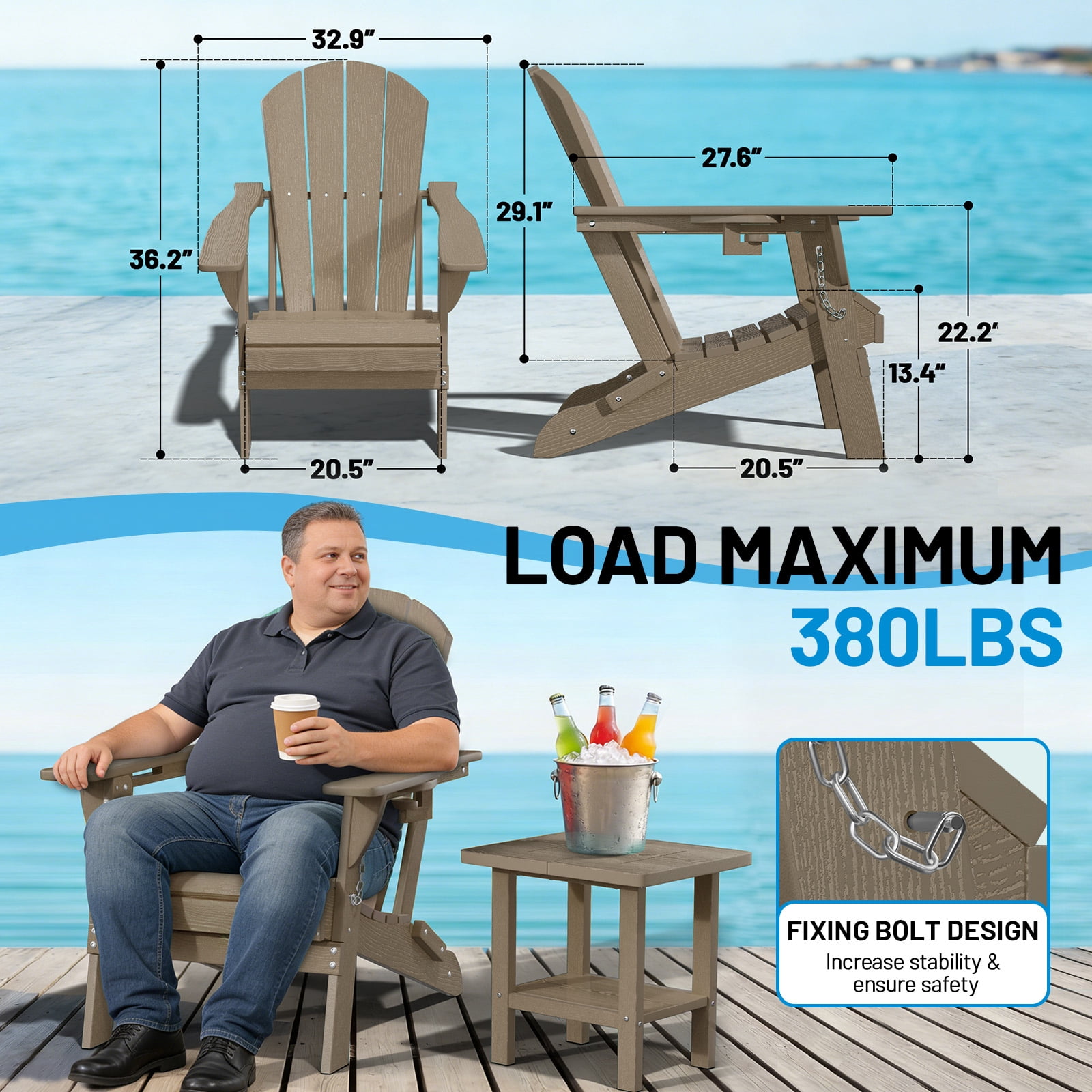 Easthome Adirondack Chair Set of 2, HDPE All-Weather Patio Chairs with Cup Holder & 380lb Capacity, Outdoor Lawn Chairs for Deck, Garden, Poolside, Patio - Brown