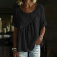 thumbnail image 5 of Nmnitkp Linen Tops for Women Solid Color Linen Blend Gathered Crew Neck Short Sleeve Blouse, Loose Fit Casual Summer Tops for Daily Wear Black,L, 5 of 9