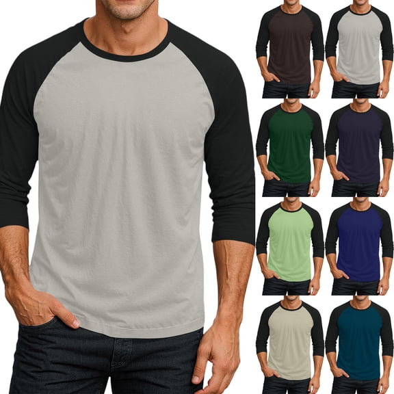 Men's Long Sleeve Round Neck Contrast Color Raglan Three Quarter Sleeve T-Shirt Top for Spring Fall Sporty Style,Beige,L