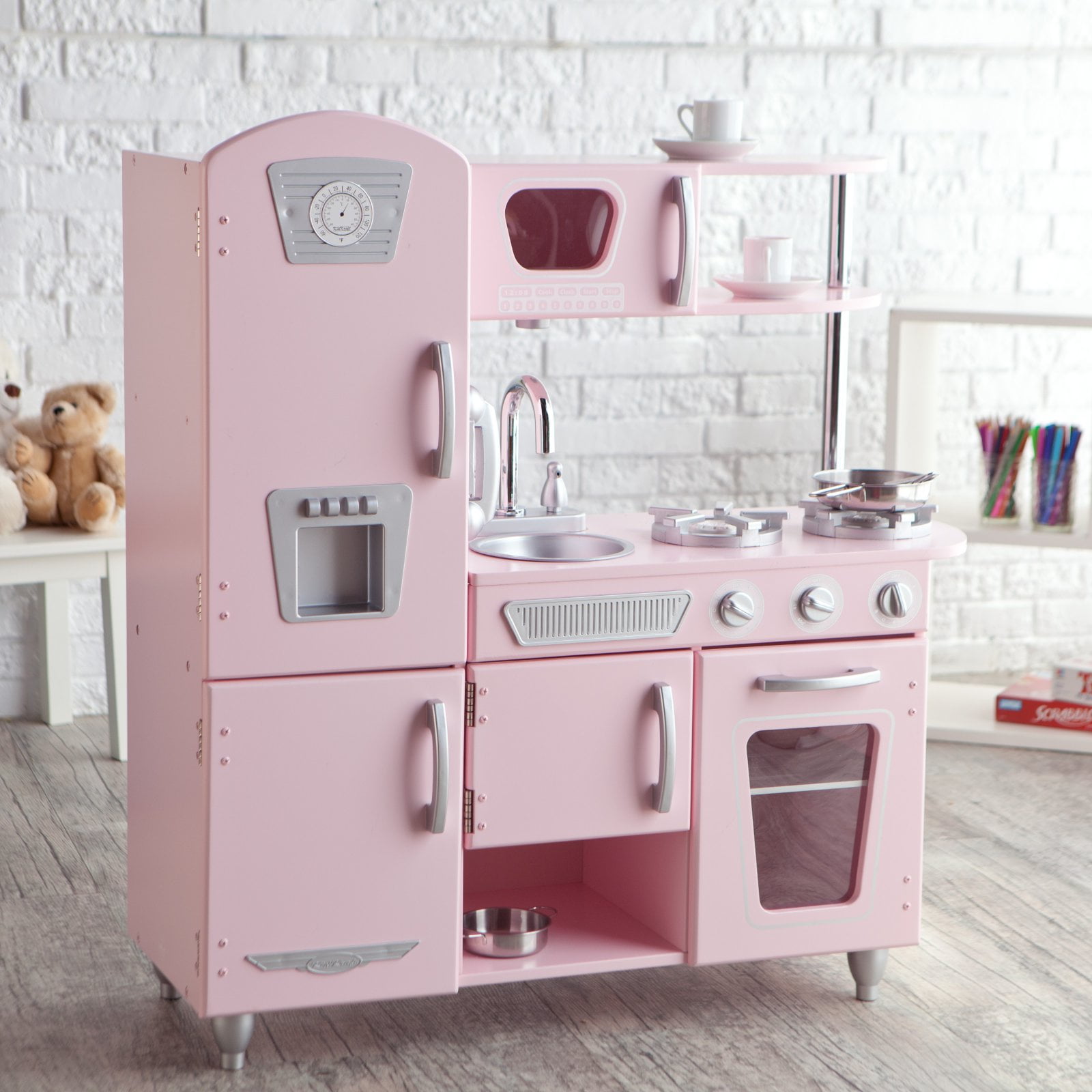 pink wooden kids kitchen