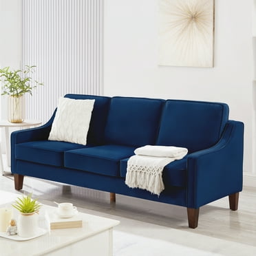 CoSoTower Modern 3 Piece Seat Sofa Couch with Scooped Armrest/Wood Legs,Upholstered Velvet 3-Seat Sofa with Removable Cushions for Livingrooom Bedroom,Navy