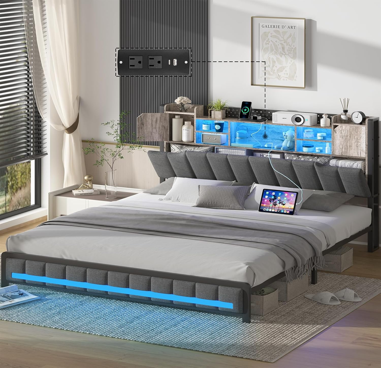 Queen Bed Frame with 3-Tier Headboard & 2 Hidden Storage, LED Lights Upholstered Bed Frame Queen Size with Charging Station, Platform Metal Bed Frame with Storage, No Box Spring Needed, Charcoal Gray
