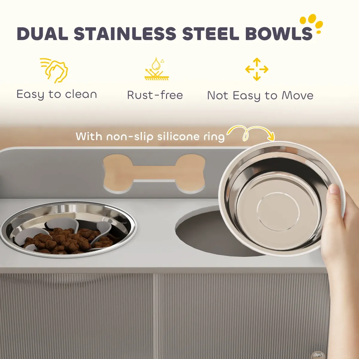 Elevated Dog Bowls with 2 Stainless Steel Bowls (Slow Feeder & Water Bowl) 13.2 Gal Hidden Storage 13.8" Ergonomic Height for Large Dogs (19.7"-23.6" Shoulder) Gray Stylish Feeding Station