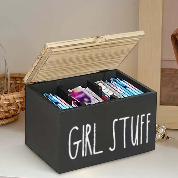 Wooden Storage Box with Lid, "Girl Stuff" Bathroom Organizer, Compartmentalized Hygiene Product Holder for Tampons, Pads and Laundry Supplies, 8.3 x 5.1 x 5.1 Inch