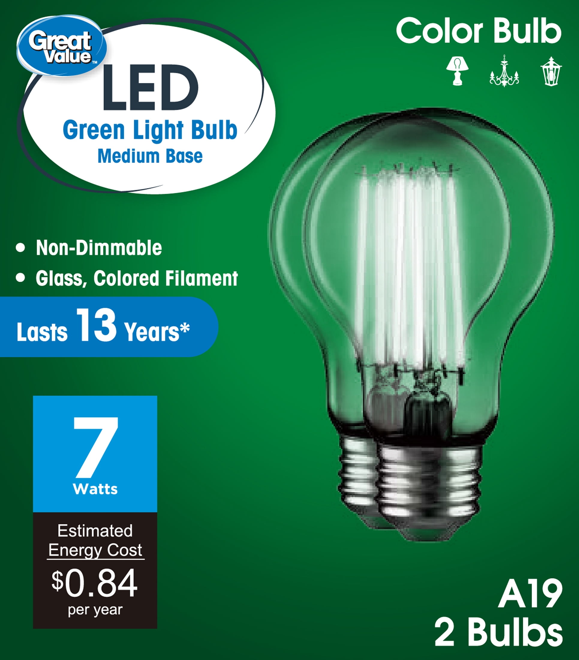 Great Value A19 LED 7W Decorative Green Light Bulbs, E26 Medium Base, 2 Pack