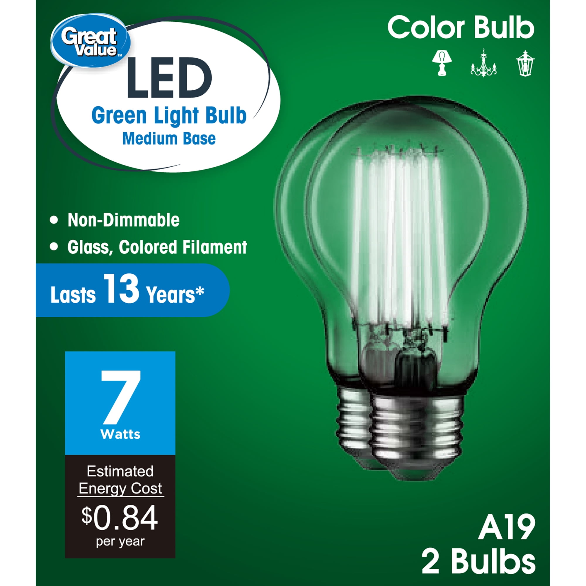 Great Value A19 LED 7W Decorative Green Light Bulbs, E26 Medium Base, 2 Pack